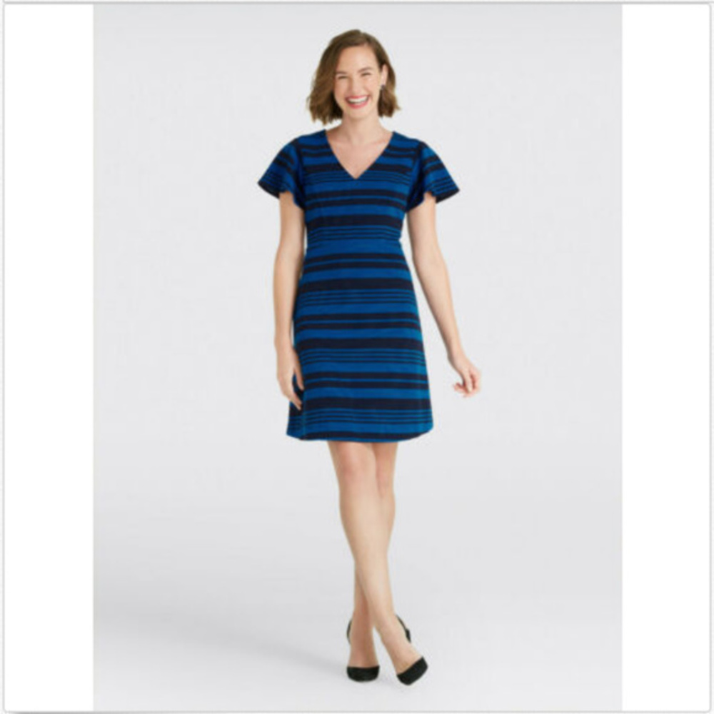 DRAPER JAMES BLUE STRIPED FLUTTER SLEEVE DRESS
